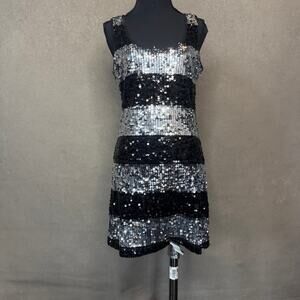 XXI Forever 21 Black Silver Stripe Sequin Mini Dress L Sleeveless Party